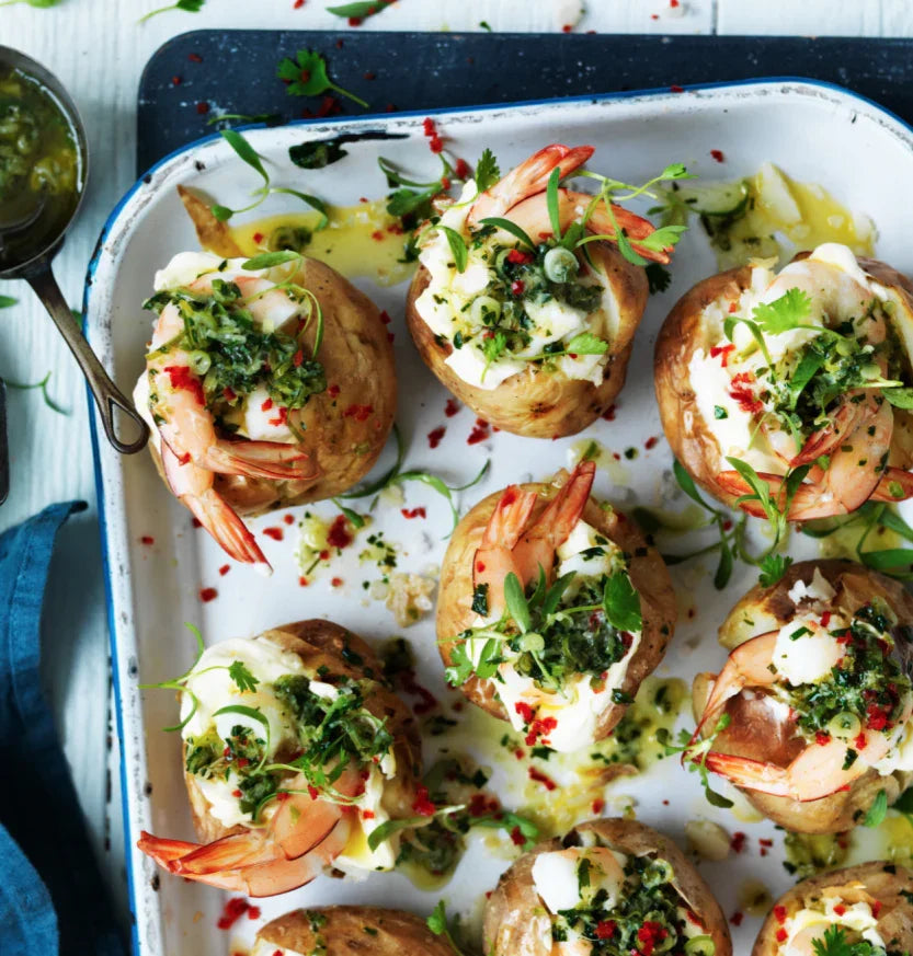 Prawn Topped Baked potatoes with Warrigal Greens Lemon Myrtle &amp; Macada &ndash; Outback Spirit