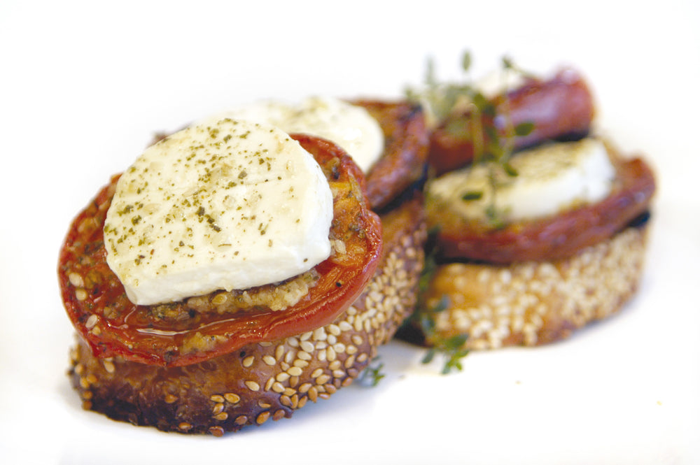 Eggplant ‘Bruschetta’ with Slow-roasted & Spiced Tomatoes and Goat's Cheese