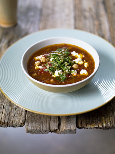 Chickpea Soup with  Lemon Myrtle Gremolata and Goats Cheese
