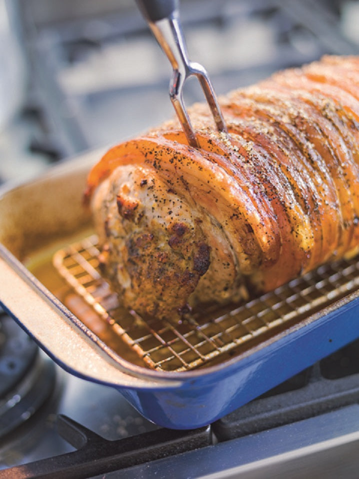 Roast Pork with River Mint and Apple Stuffing and Wild Herb Salt Scented Crackling