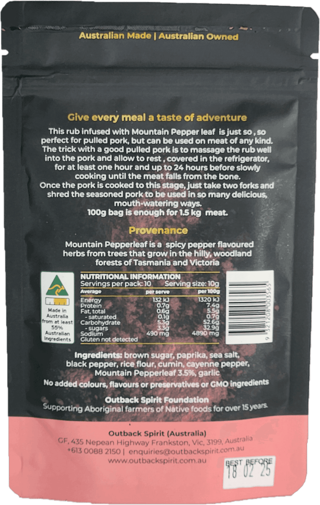 Outback Spirit Spiced Rubs Spicy Pepperleaf Pulled Pork Spiced Rub 100g